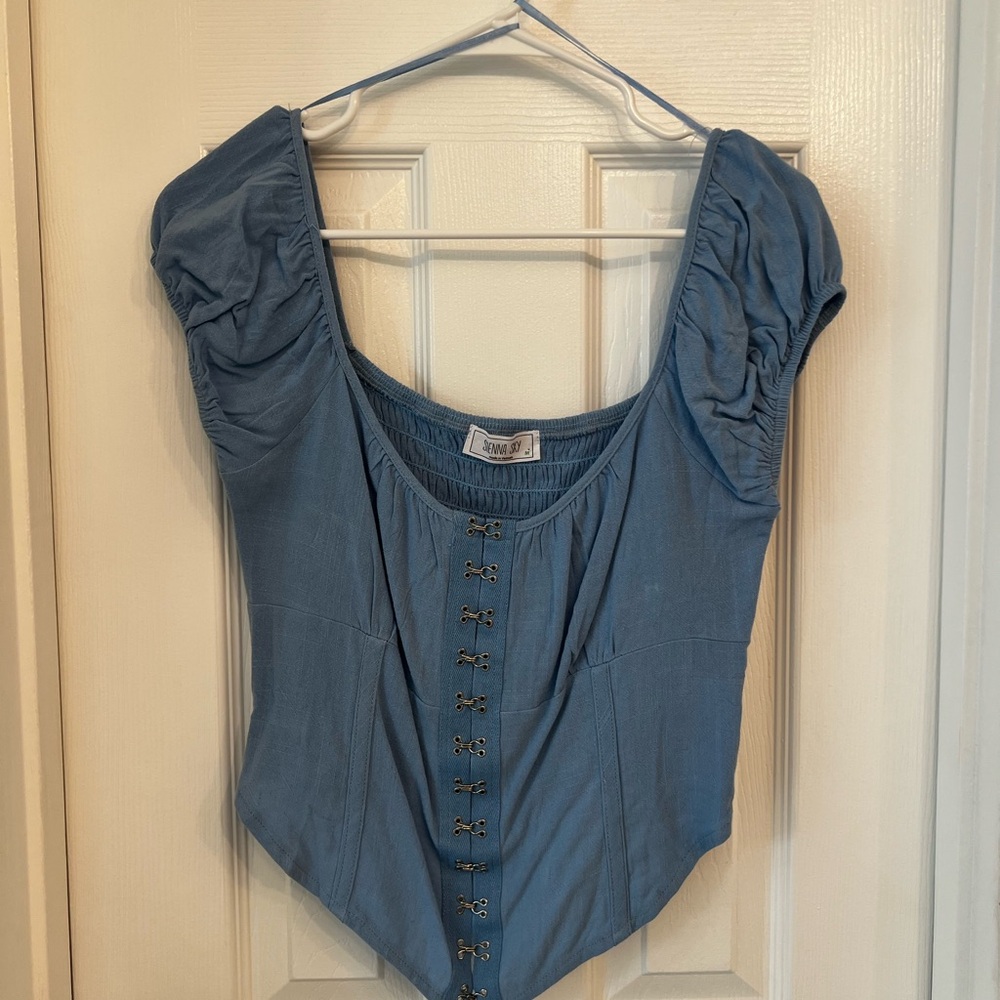 Corset Blouse with Hook Details and Puff Sleeves